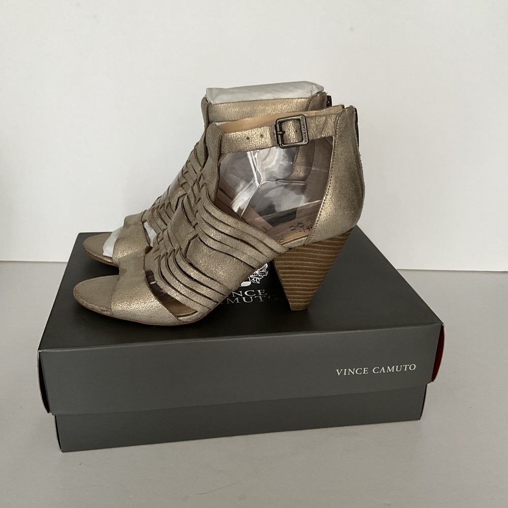 Vince Camuto‎ Sandals Eames Open Toe Leather Party Metallic Gold Womens 8.5 Wide